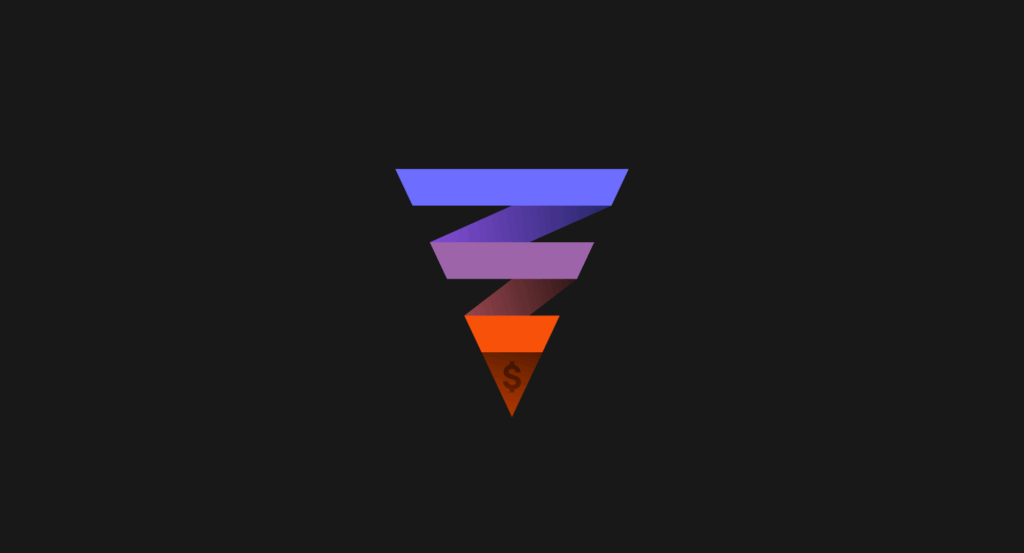Illustration of a multicolored user acquisition funnel transforming into coin symbols on a dark background — metaphor for converting new players into paying customers (FTDs).
