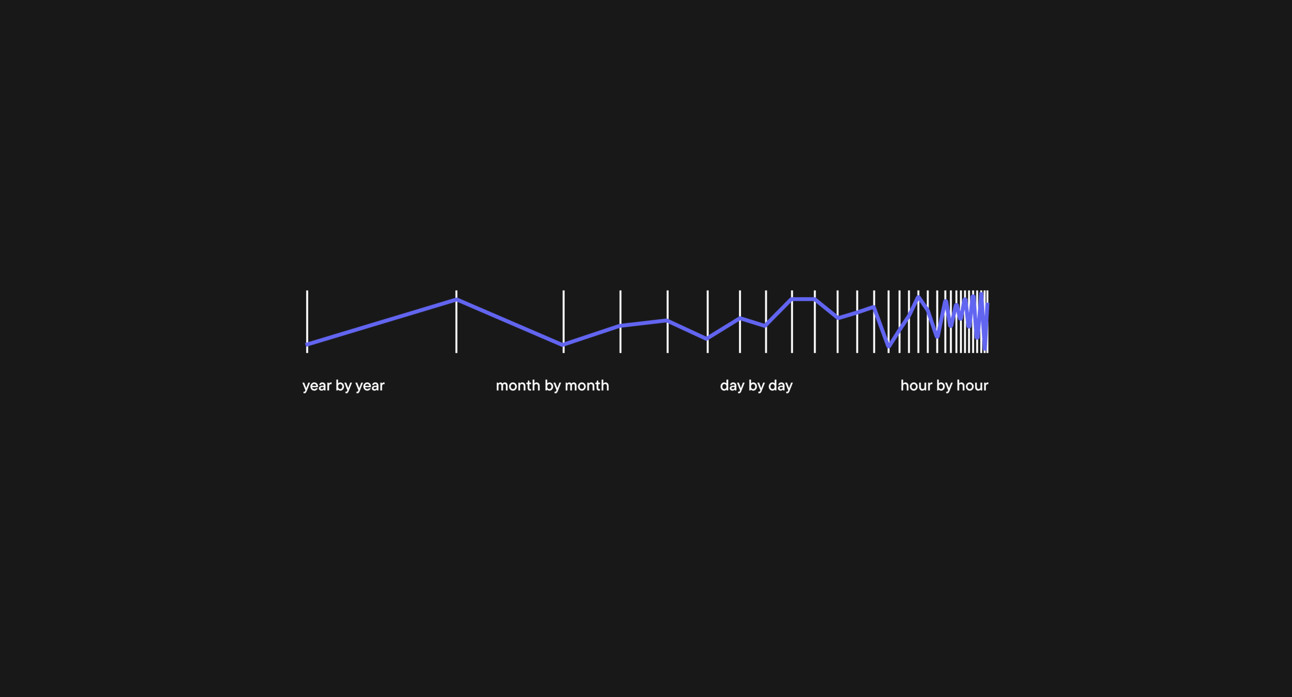 Minimalist line chart on a dark background showing data granularity over time: “year by year,” “month by month,” “day by day,” and “hour by hour.” The blue line becomes more detailed and volatile as the granularity increases.