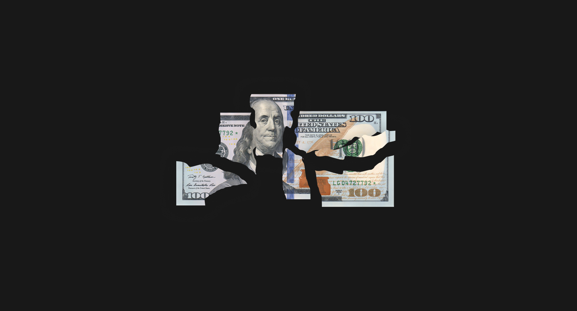 Dark background image featuring a torn $100 US dollar bill with Benjamin Franklin’s face visible through jagged cracks, symbolizing financial loss or gambling problems.