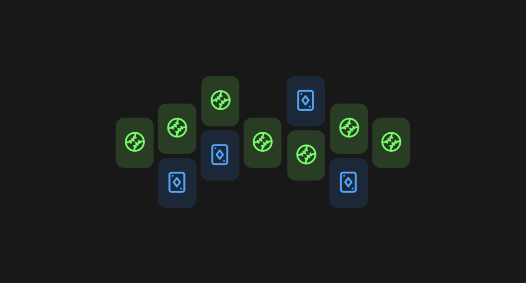 Abstract grid of green and blue icons on a dark background. Green icons represent sports betting (baseball symbol), while blue icons represent casino games (playing card symbol). The layout illustrates cross-selling in gambling products.