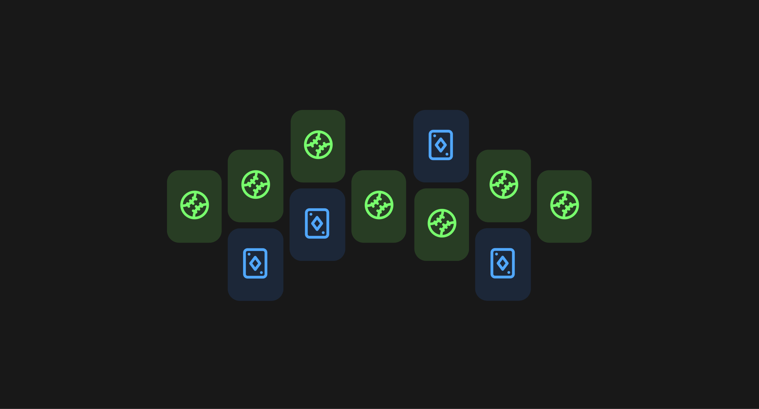 Abstract grid of green and blue icons on a dark background. Green icons represent sports betting (baseball symbol), while blue icons represent casino games (playing card symbol). The layout illustrates cross-selling in gambling products.